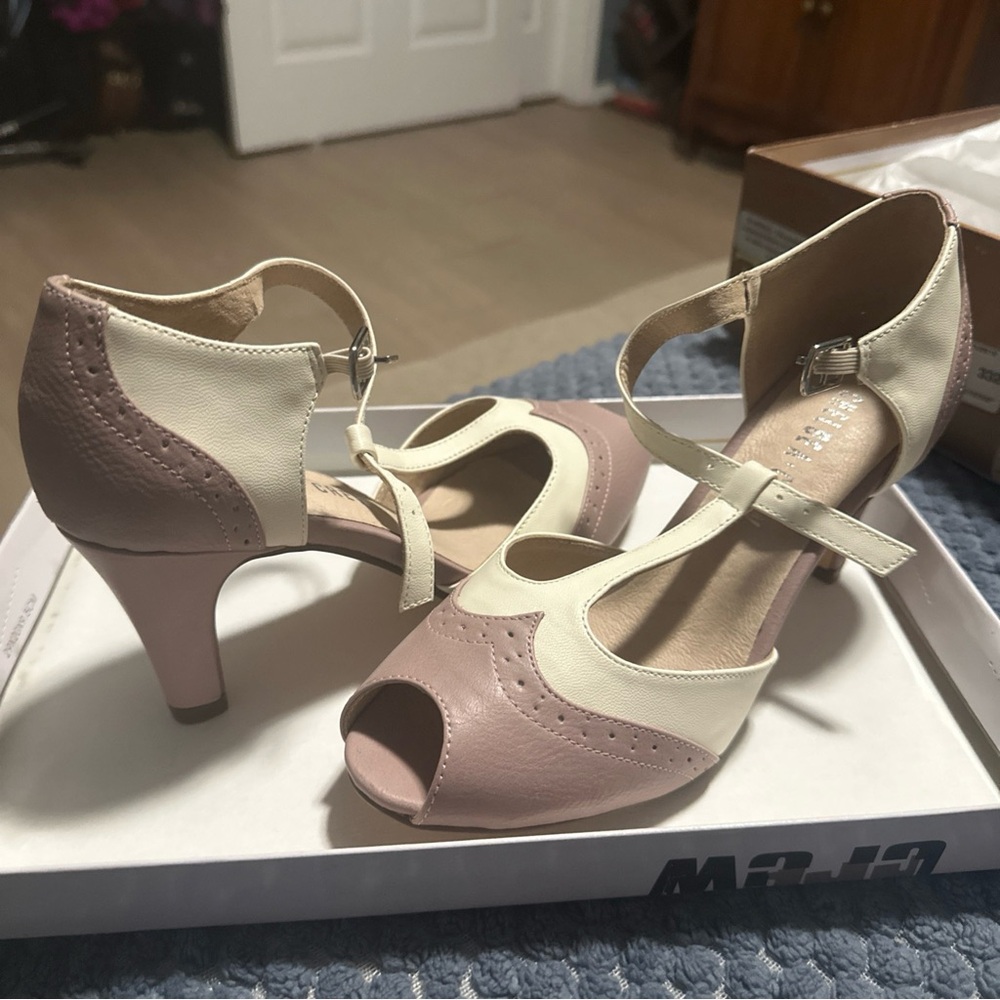 Chelsea Crew T-Strap Peep Toe Pink & Ivory Heels